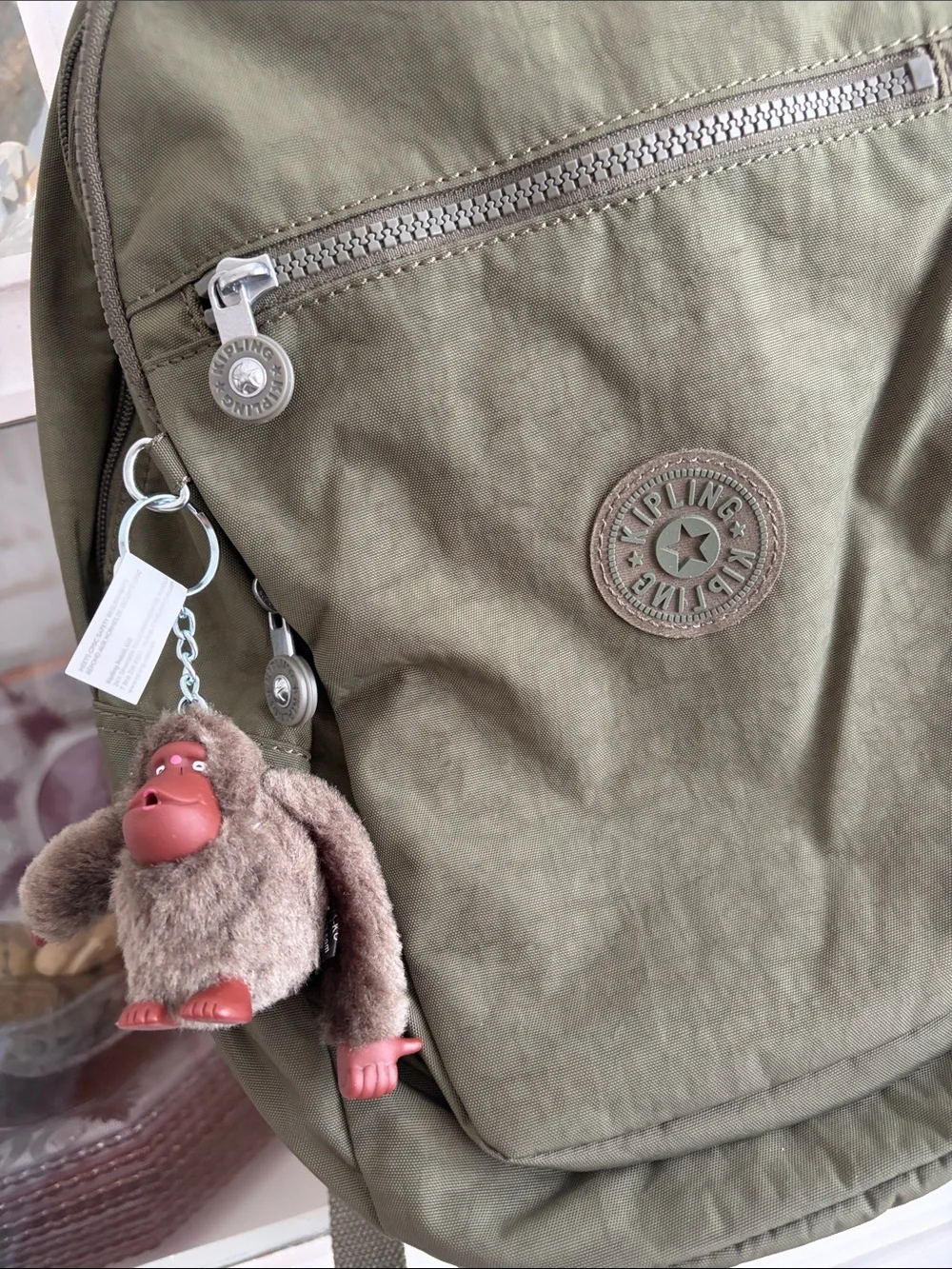 Kipling Olive Green Everyday Backpack with Monkey Keychain